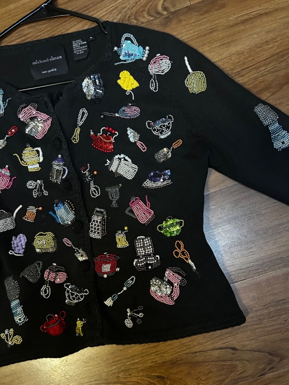 Michael Simon Beaded Kitchen Appliance Black Sweater Rare Size M - Picture 3 of 6
